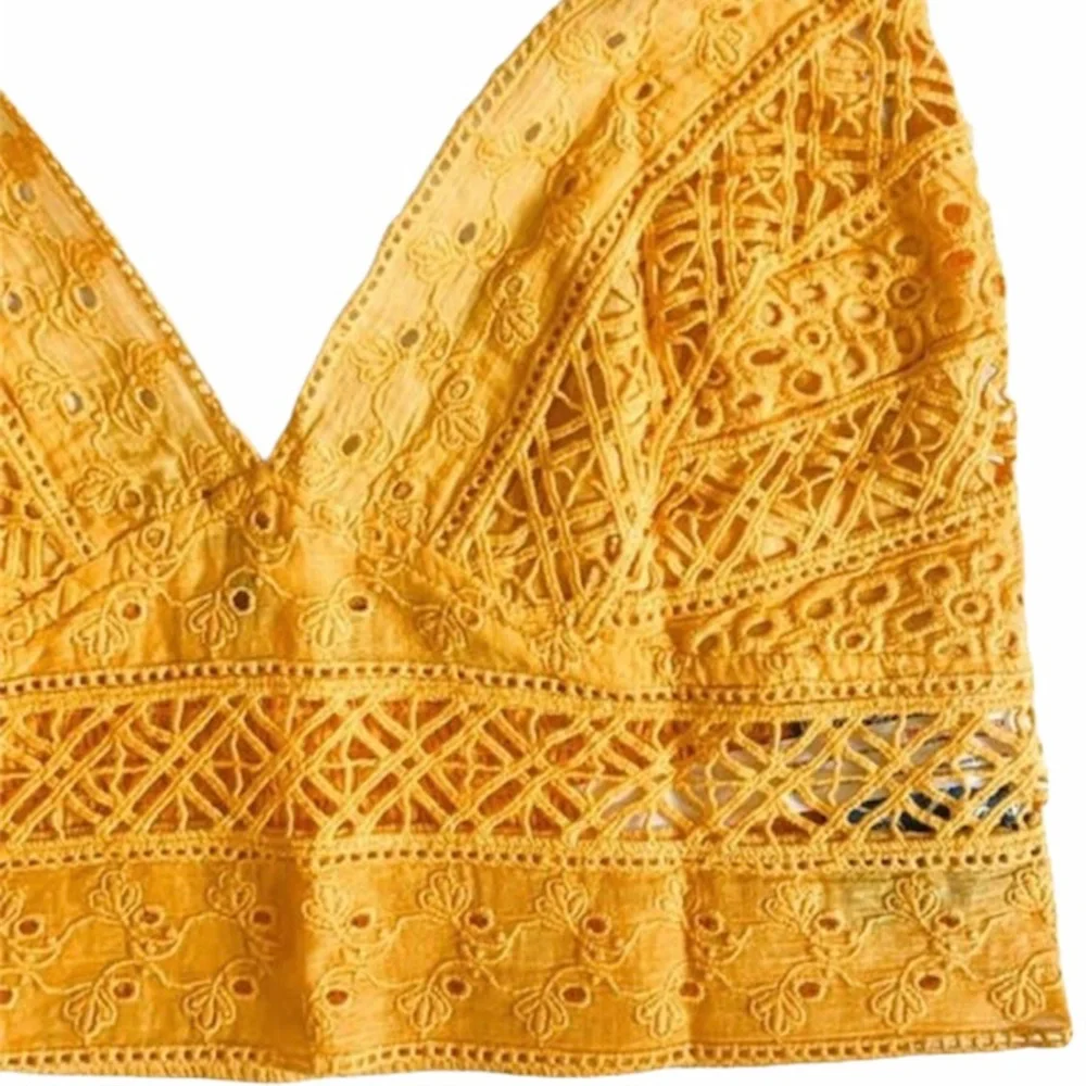 FREE PEOPLE Carina Bralette Eyelet Smocking Mango Gold NWT